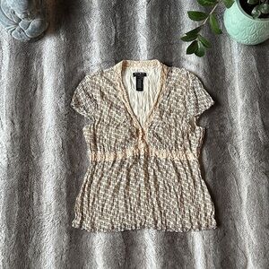 Axcess Cream and Brown Printed Short-Sleeve V-Neck Blouse
